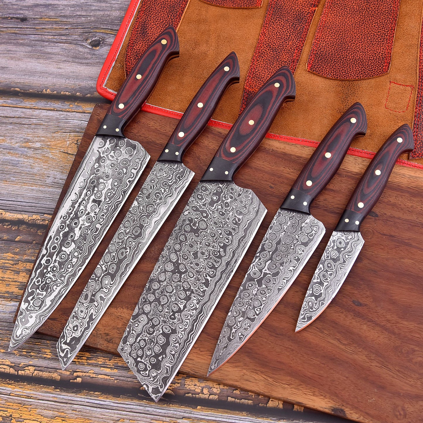 Red flames Handmade Damascus Knife set (Waterproof)