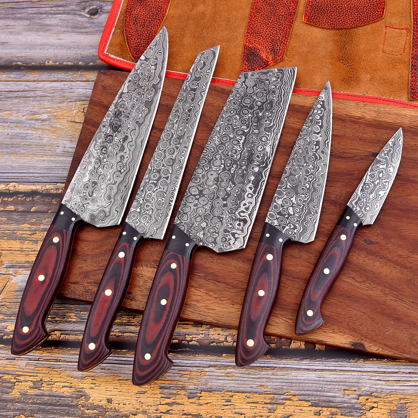 Red flames Handmade Damascus Knife set (Waterproof)