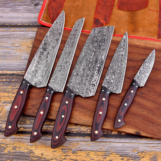 Red flames Handmade Damascus Knife set (Waterproof)