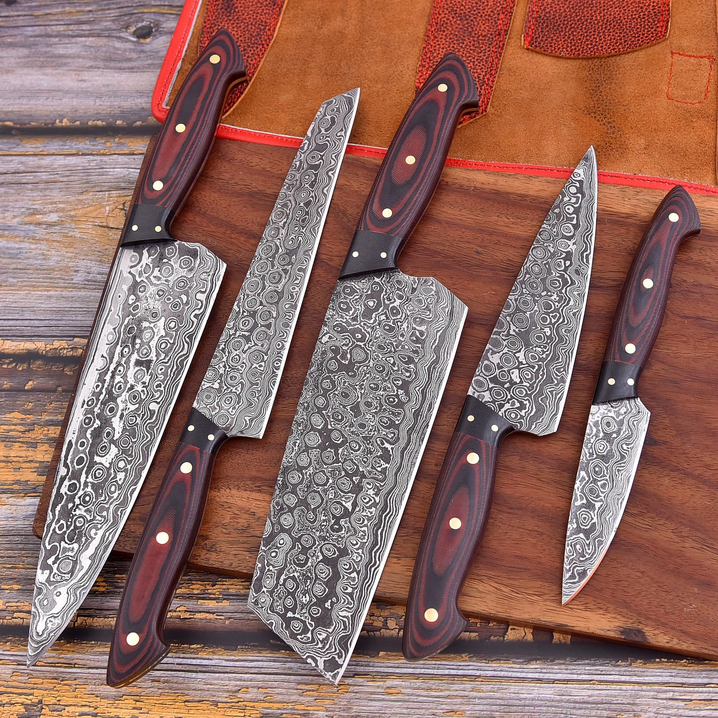 Red flames Handmade Damascus Knife set (Waterproof)