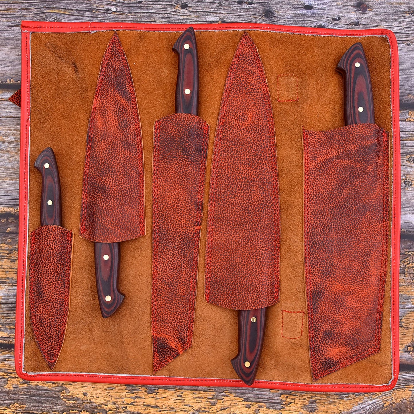 Red flames Handmade Damascus Knife set (Waterproof)